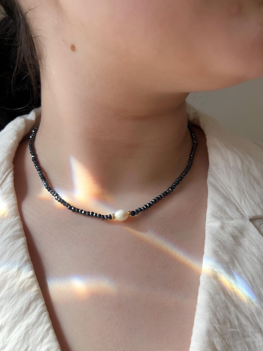 Black Spinel Necklace: Freshwater Pearl Accent, 14k Gold Filled