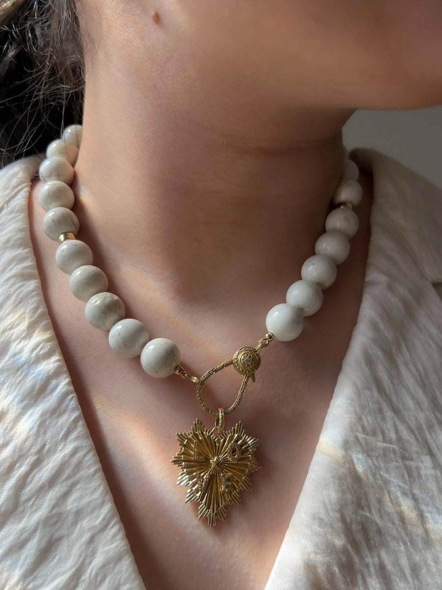 White Turquoise Necklace: 14k Gold Filled Heart Pendant, Boho Gemstone