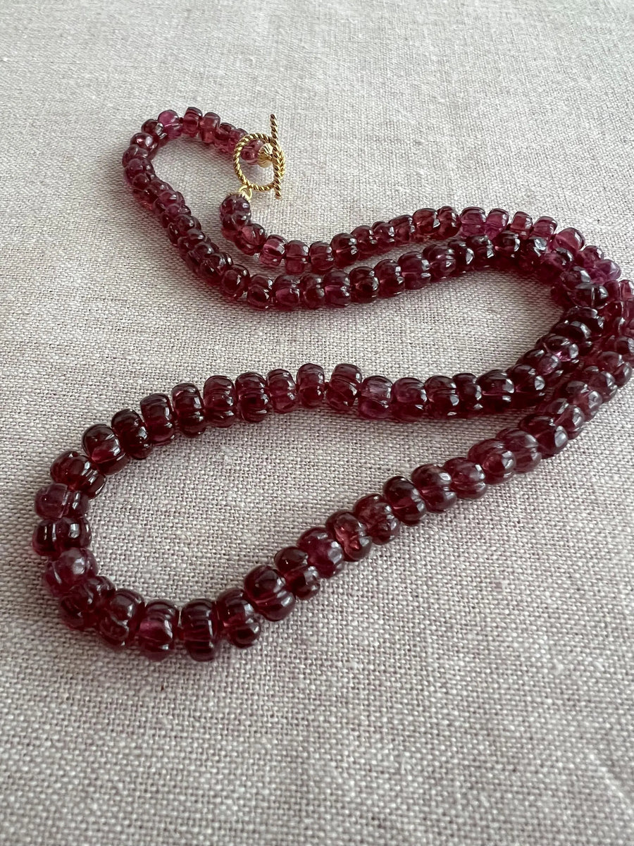 Carved Rhodolite Necklace: 14k Gold Filled Clasp, Hand Knotted Gemstone Necklace