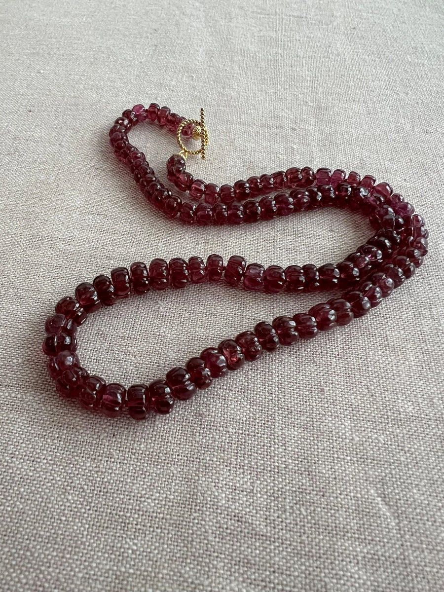 Carved Rhodolite Necklace: 14k Gold Filled Clasp, Hand Knotted Gemstone Necklace