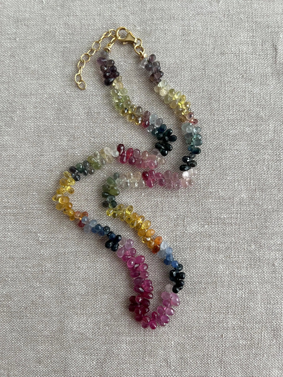 Multi-Color Sapphire Teardrop Necklace: Hand-Knotted Gemstone, Boho Style