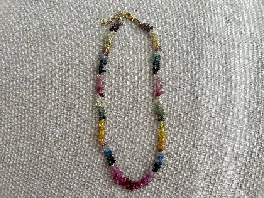 Multi-Color Sapphire Teardrop Necklace: Hand-Knotted Gemstone, Boho Style
