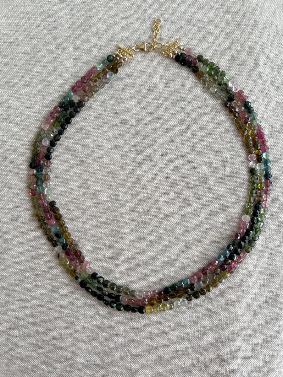Tourmaline Triple Strand Necklace:  AAA Quality, 14k Gold Filled clasp, Statement Necklace, Classic Style
