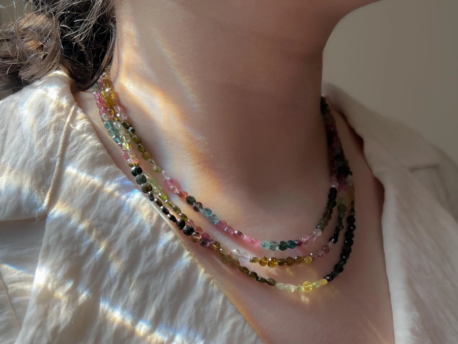 Tourmaline Triple Strand Necklace:  AAA Quality, 14k Gold Filled clasp, Statement Necklace, Classic Style