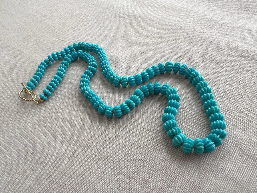 Sleeping Beauty Carved Turquoise Necklace: Hand Knotted Gemstone, 14k Gold Filled Clasp