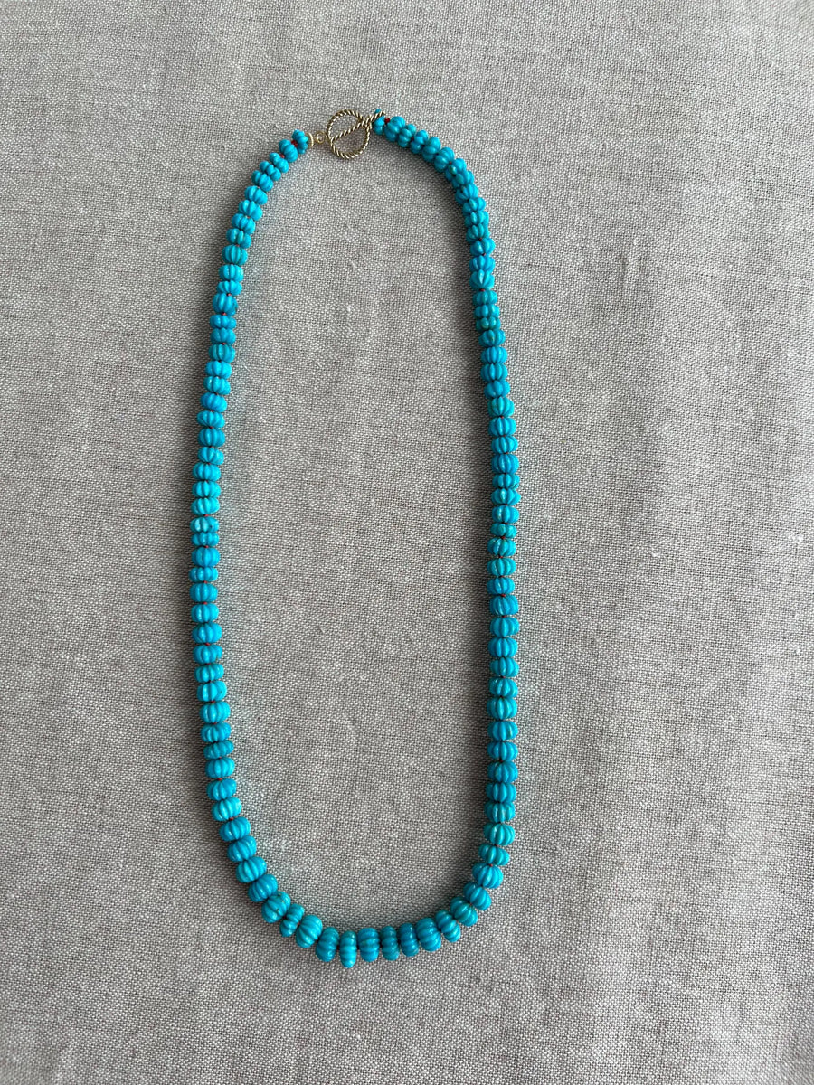Sleeping Beauty Carved Turquoise Necklace: Hand Knotted Gemstone, 14k Gold Filled Clasp