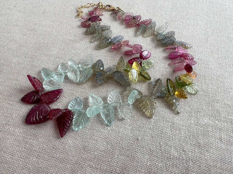 Carved Gemstone Leaves Necklace: Pink Tourmaline, Ruby, Aquamarine, Labradorite