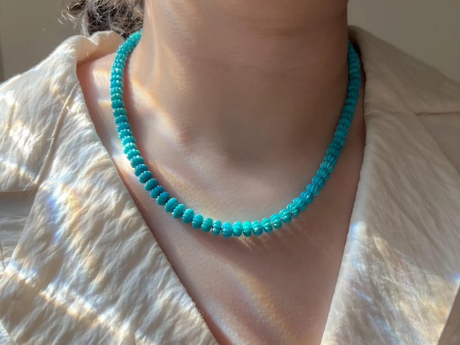 Sleeping Beauty Carved Turquoise Necklace: Hand Knotted Gemstone, 14k Gold Filled Clasp