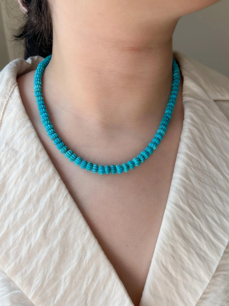 Sleeping Beauty Carved Turquoise Necklace: Hand Knotted Gemstone, 14k Gold Filled Clasp