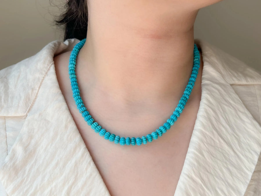 Sleeping Beauty Carved Turquoise Necklace: Hand Knotted Gemstone, 14k Gold Filled Clasp