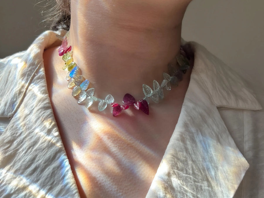 Carved Gemstone Leaves Necklace: Pink Tourmaline, Ruby, Aquamarine, Labradorite