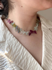 Carved Gemstone Leaves Necklace: Pink Tourmaline, Ruby, Aquamarine, Labradorite