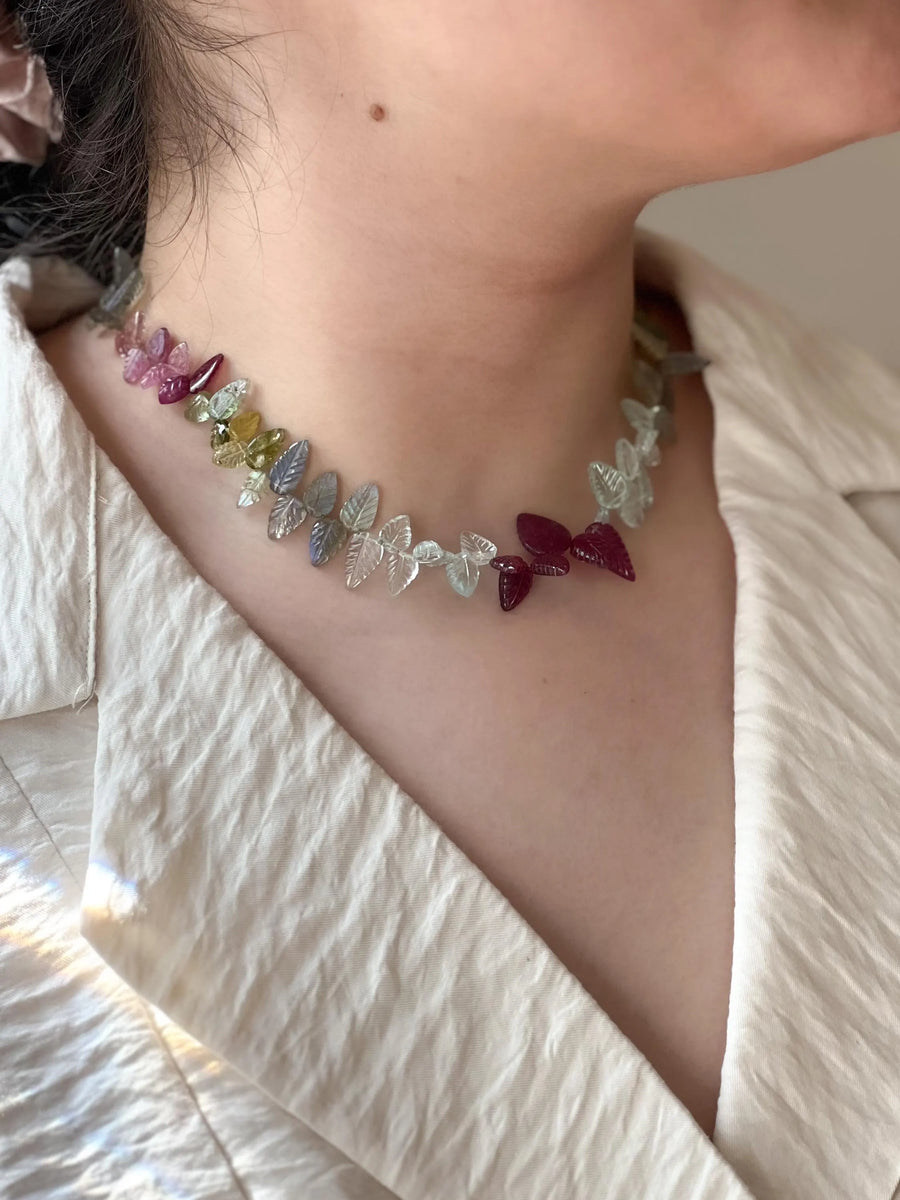 Carved Gemstone Leaves Necklace: Pink Tourmaline, Ruby, Aquamarine, Labradorite