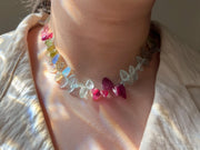 Carved Gemstone Leaves Necklace: Pink Tourmaline, Ruby, Aquamarine, Labradorite