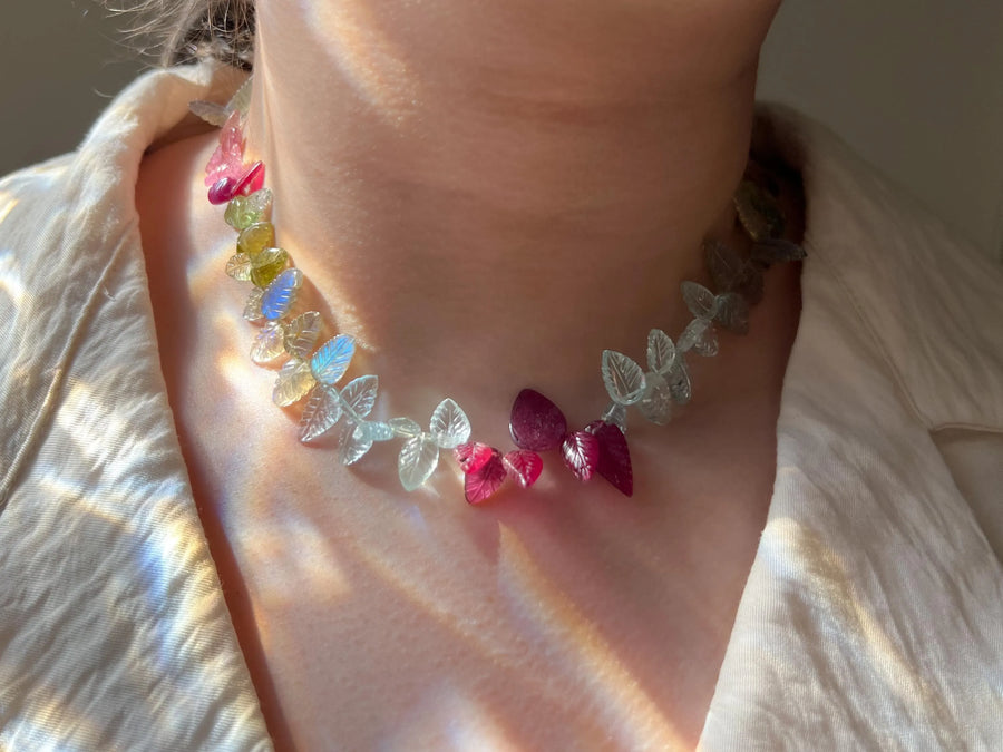 Carved Gemstone Leaves Necklace: Pink Tourmaline, Ruby, Aquamarine, Labradorite