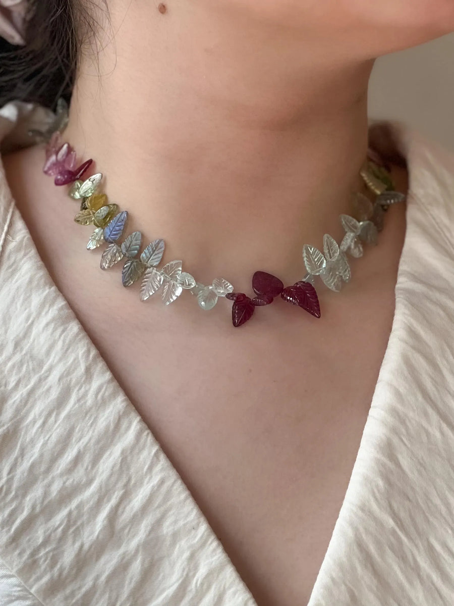 Carved Gemstone Leaves Necklace: Pink Tourmaline, Ruby, Aquamarine, Labradorite
