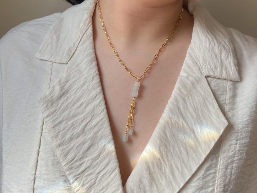 Moonstone Lariat Necklace: 14k Gold Filled Chain, June Birthstone