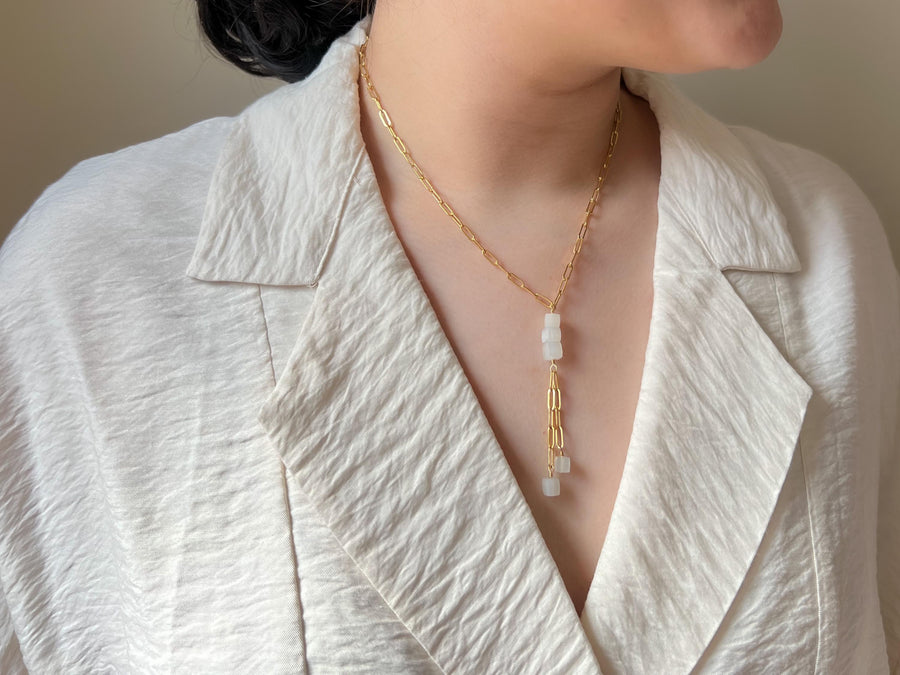 Moonstone Lariat Necklace: 14k Gold Filled Chain, June Birthstone
