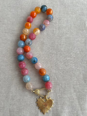 Agate Multi Color Necklace: Gold Starburst Heart Pendant, Statement Boho Jewelry