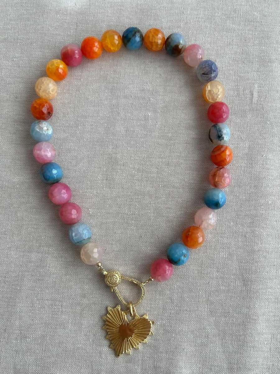 Agate Multi Color Necklace: Gold Starburst Heart Pendant, Statement Boho Jewelry