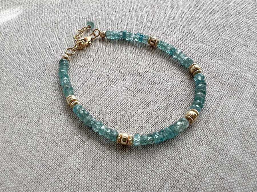 Blue Zircon Bracelet: Handmade Gemstone Bracelet with 14k Gold Accents