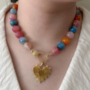 Agate Multi Color Necklace: Gold Starburst Heart Pendant, Statement Boho Jewelry