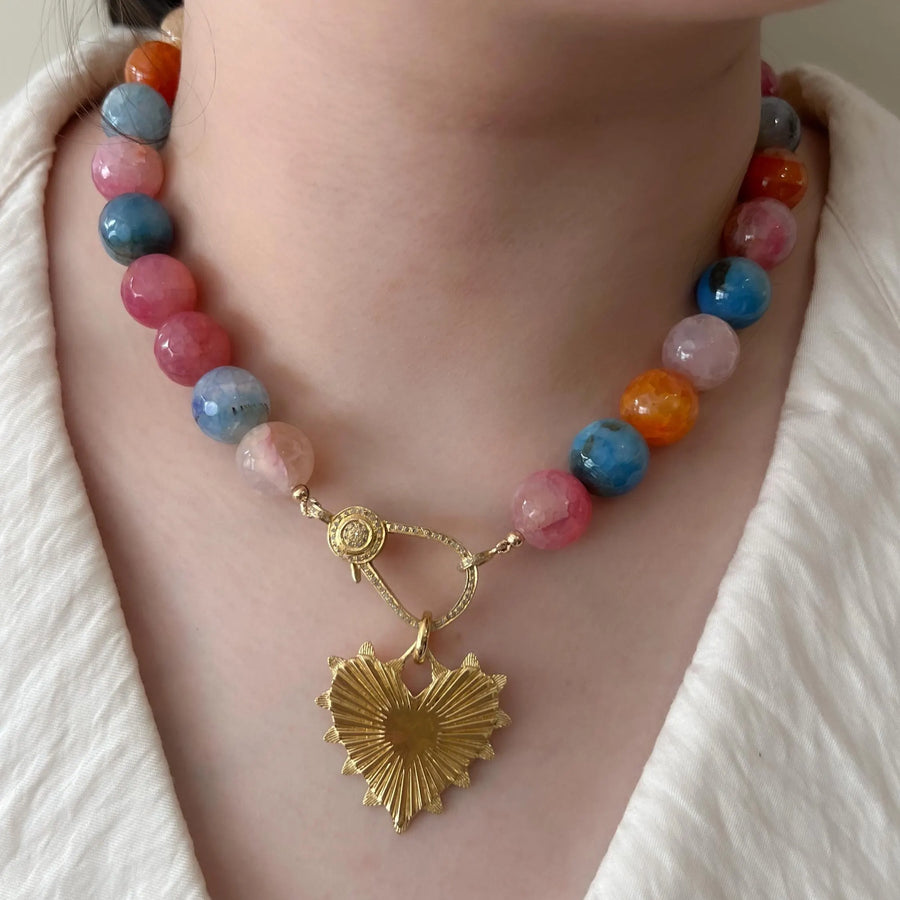 Agate Multi Color Necklace: Gold Starburst Heart Pendant, Statement Boho Jewelry