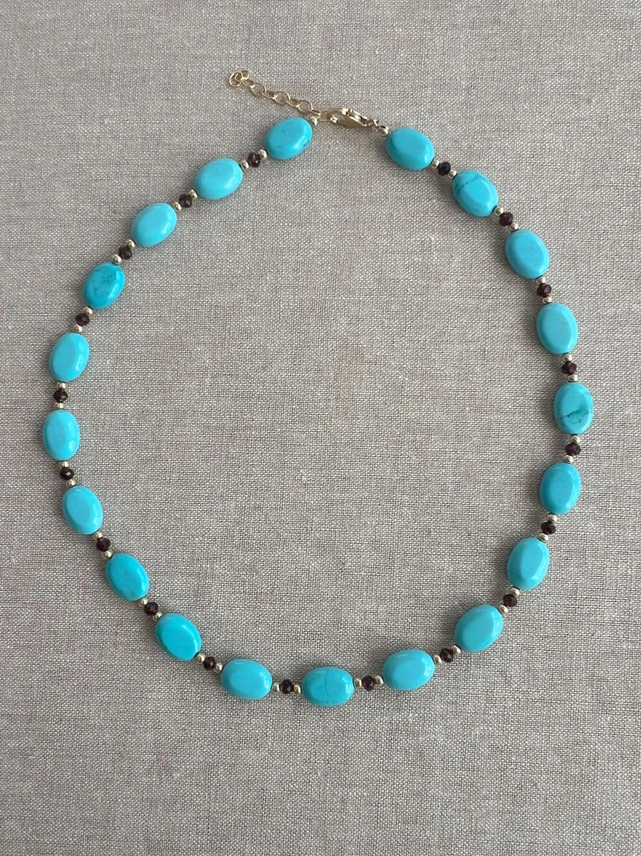 Turquoise & Garnet Necklace: 14k Gold Filled Accents, Gemstone Layering Necklace