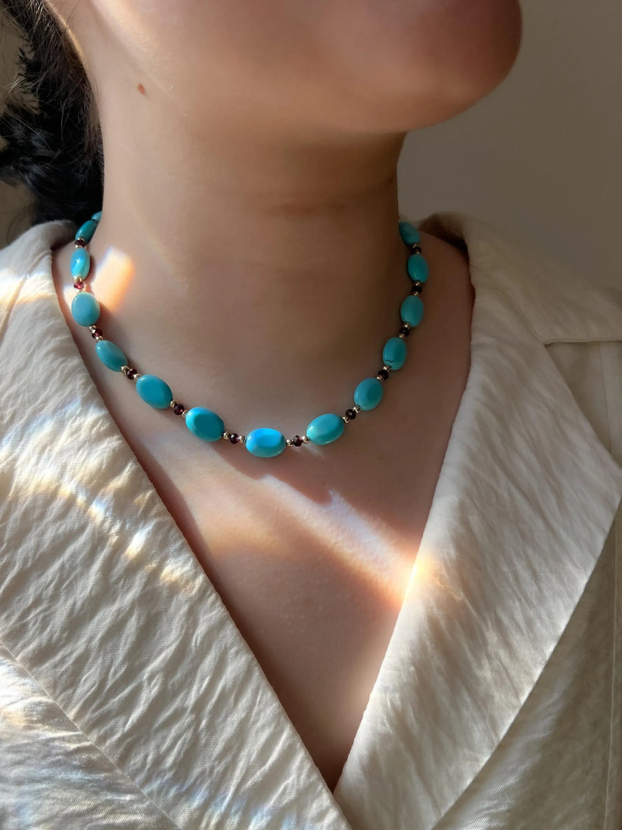 Turquoise & Garnet Necklace: 14k Gold Filled Accents, Gemstone Layering Necklace