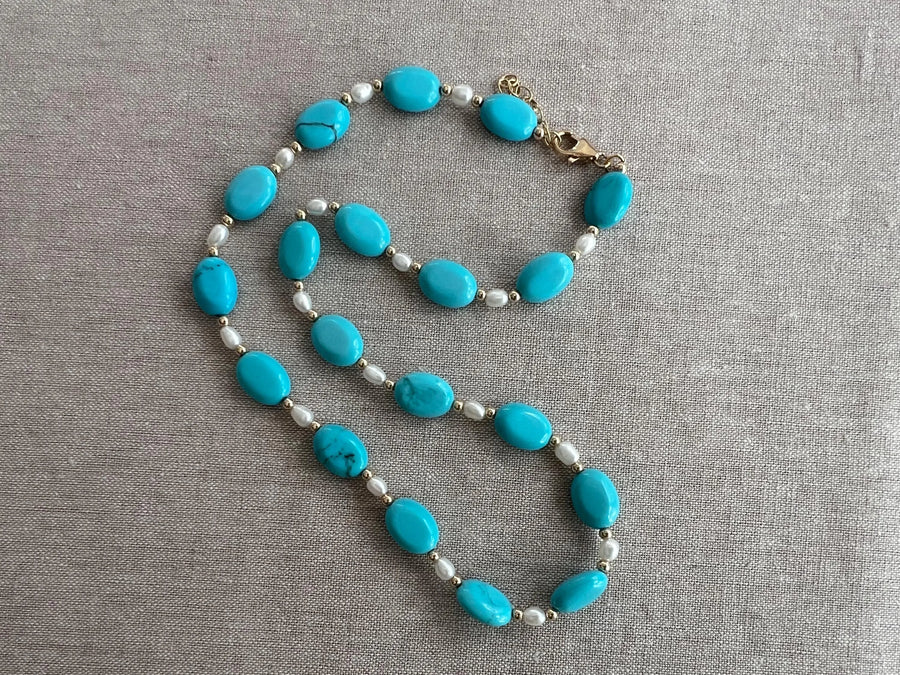 Turquoise Necklace: Freshwater Pearl Accents, 14k Gold Filled clasp