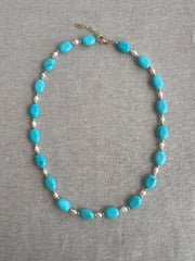 Turquoise Necklace: Freshwater Pearl Accents, 14k Gold Filled clasp