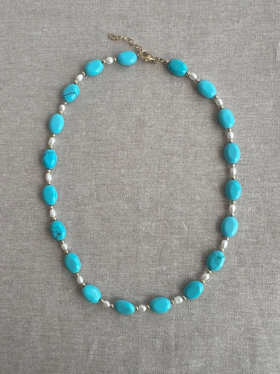 Turquoise Necklace: Freshwater Pearl Accents, 14k Gold Filled clasp