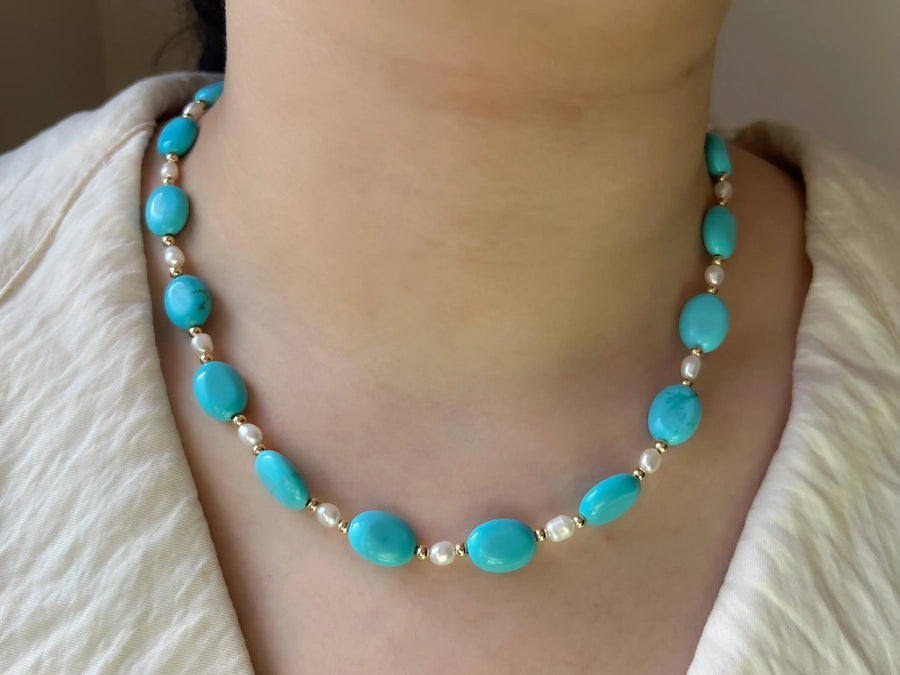 Turquoise Necklace: Freshwater Pearl Accents, 14k Gold Filled clasp