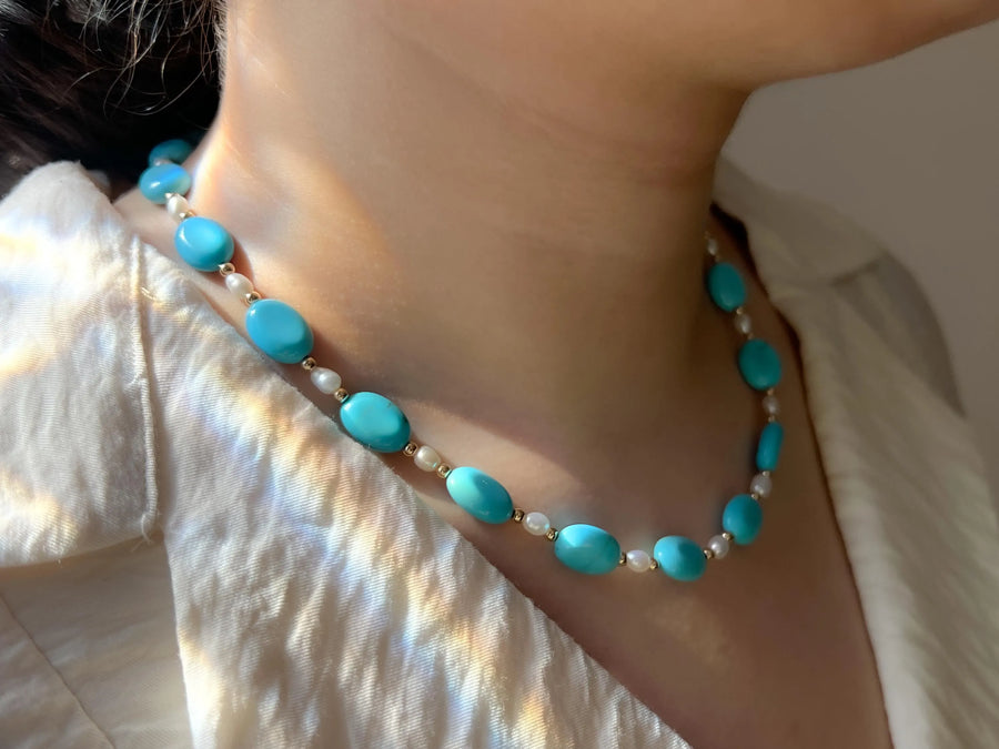 Turquoise Necklace: Freshwater Pearl Accents, 14k Gold Filled clasp