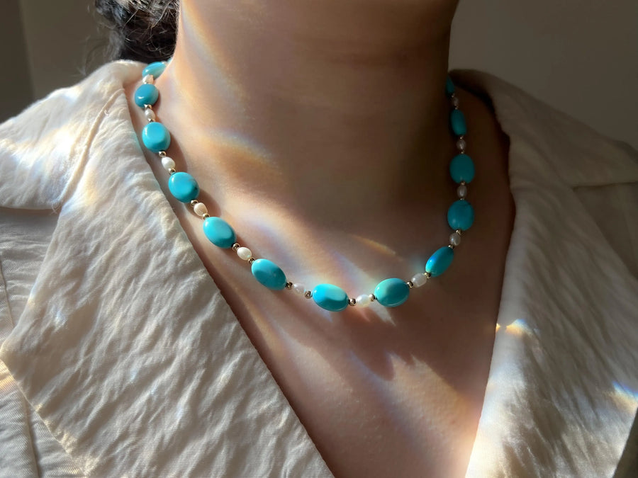 Turquoise Necklace: Freshwater Pearl Accents, 14k Gold Filled clasp