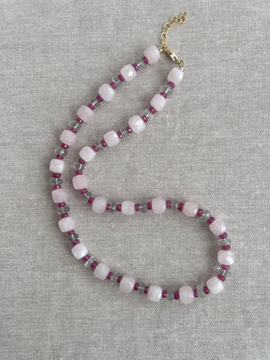 Rose Quartz Necklace: Prasiolite & Ruby Gemstone Boho Jewelry