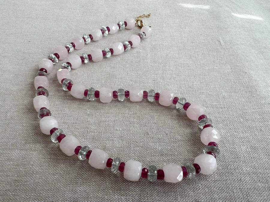 Rose Quartz Necklace: Prasiolite & Ruby Gemstone Boho Jewelry