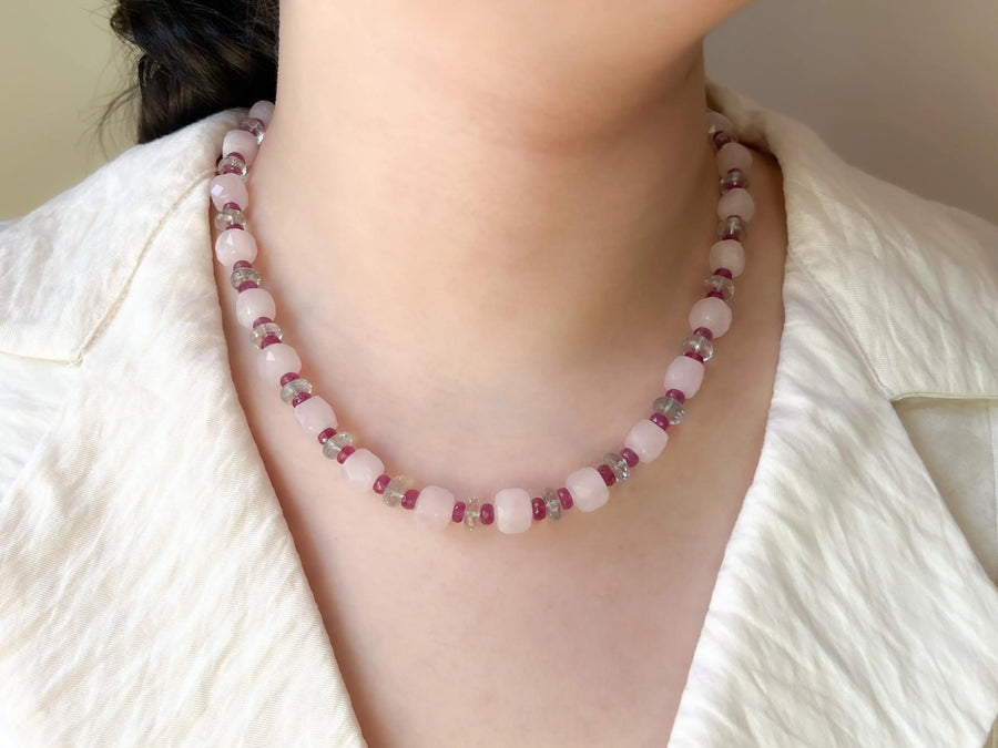 Rose Quartz Necklace: Prasiolite & Ruby Gemstone Boho Jewelry
