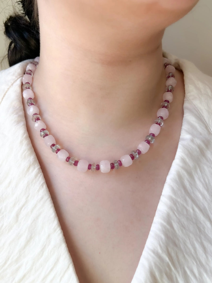 Rose Quartz Necklace: Prasiolite & Ruby Gemstone Boho Jewelry