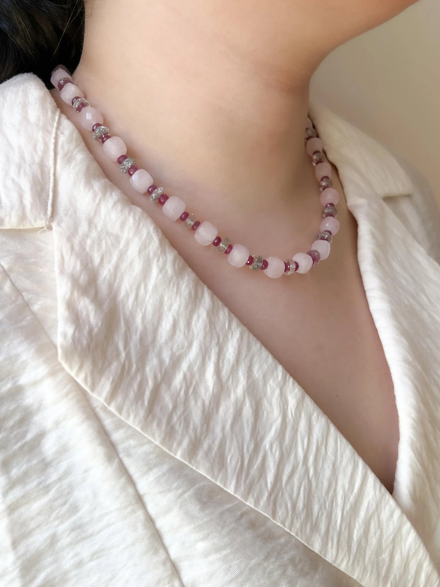 Rose Quartz Necklace: Prasiolite & Ruby Gemstone Boho Jewelry