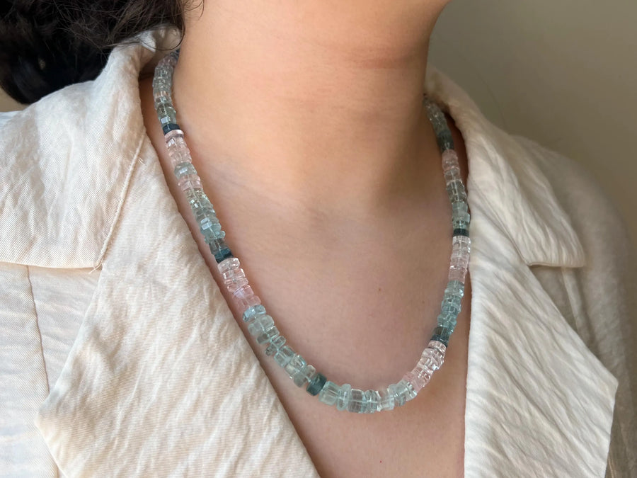 Morganite Aquamarine Gemstone Necklace: Hand Knotted Boho Jewelry, March Birthstone