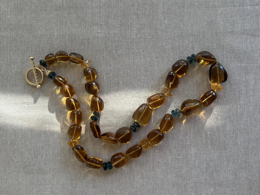 Whiskey Quartz Necklace: London Blue Topaz Accents, Hand Knotted Gemstone Necklace