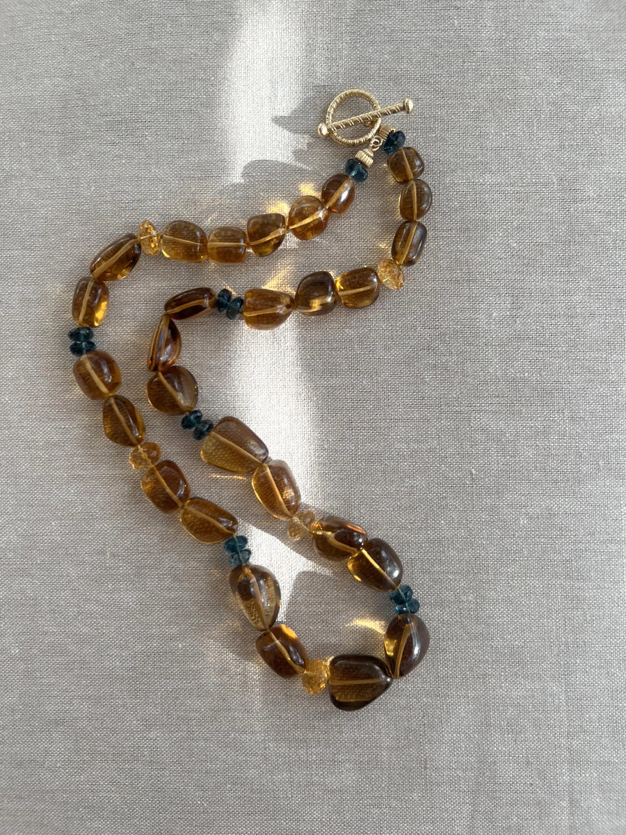 Whiskey Quartz Necklace: London Blue Topaz Accents, Hand Knotted Gemstone Necklace