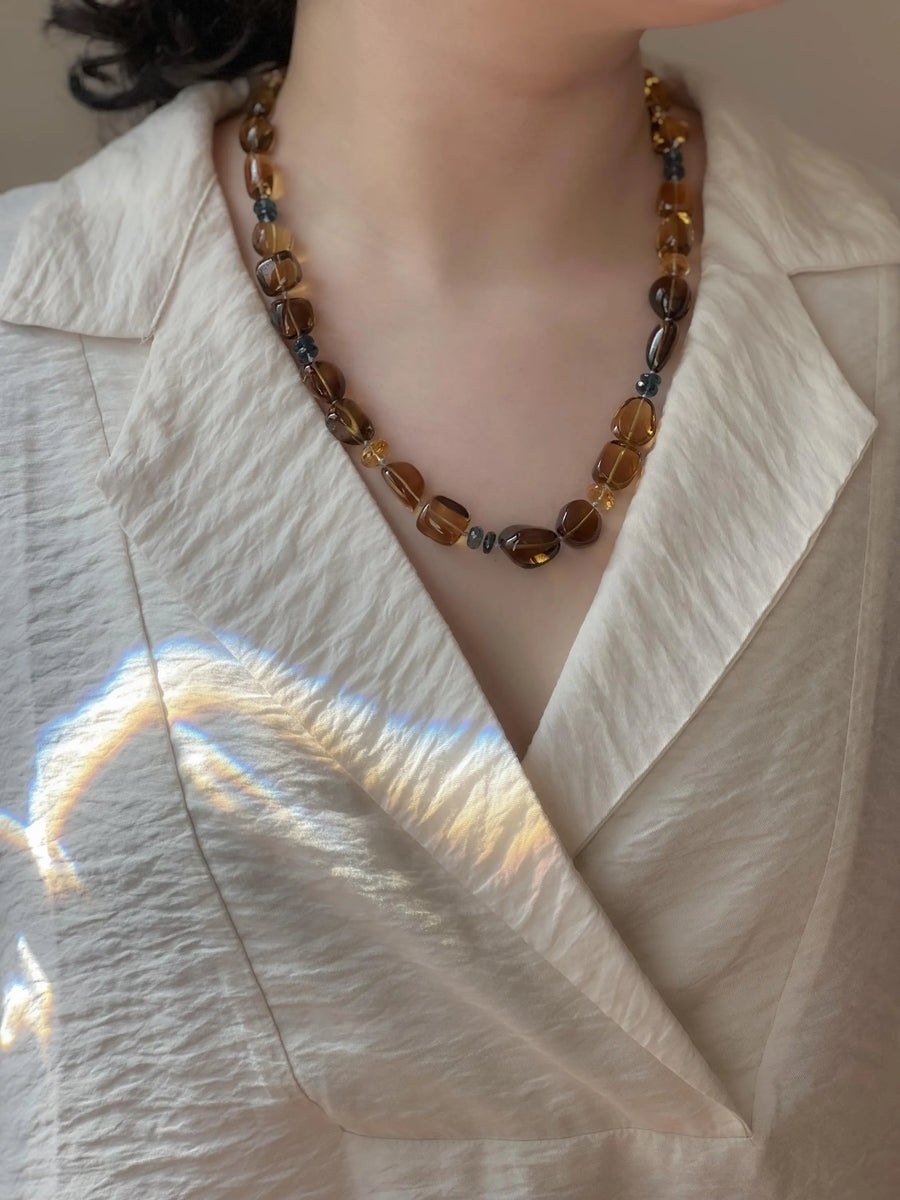 Whiskey Quartz Necklace: London Blue Topaz Accents, Hand Knotted Gemstone Necklace