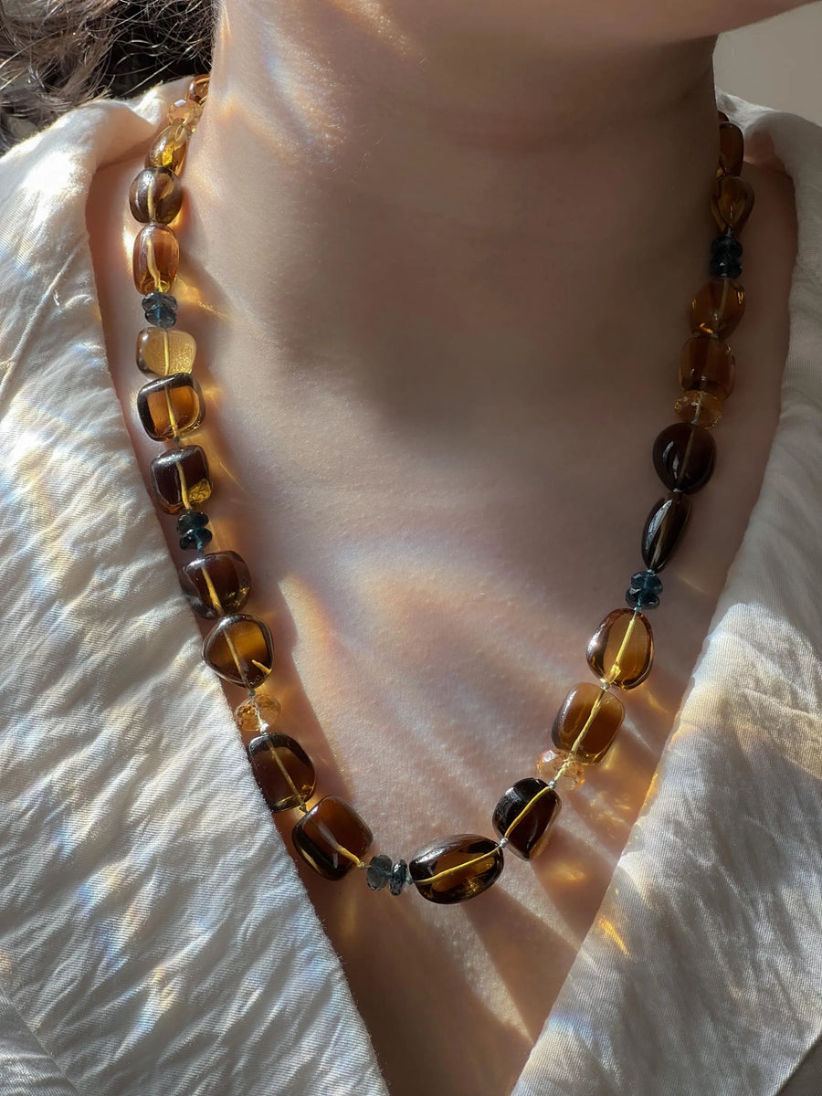 Whiskey Quartz Necklace: London Blue Topaz Accents, Hand Knotted Gemstone Necklace