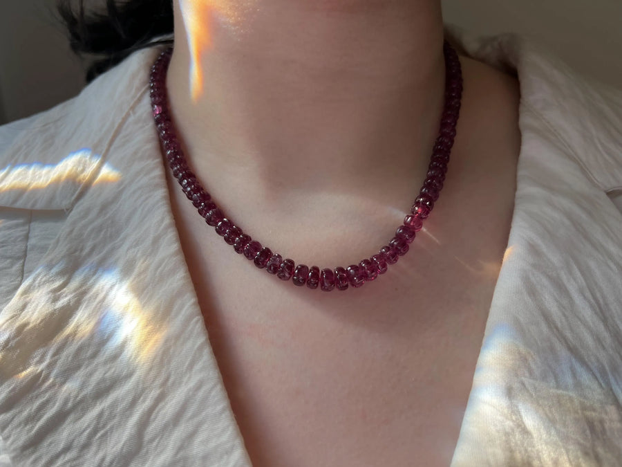 Carved Rhodolite Necklace: 14k Gold Filled Clasp, Hand Knotted Gemstone Necklace