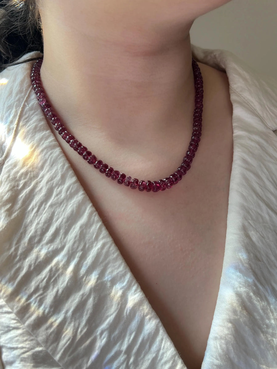 Carved Rhodolite Necklace: 14k Gold Filled Clasp, Hand Knotted Gemstone Necklace