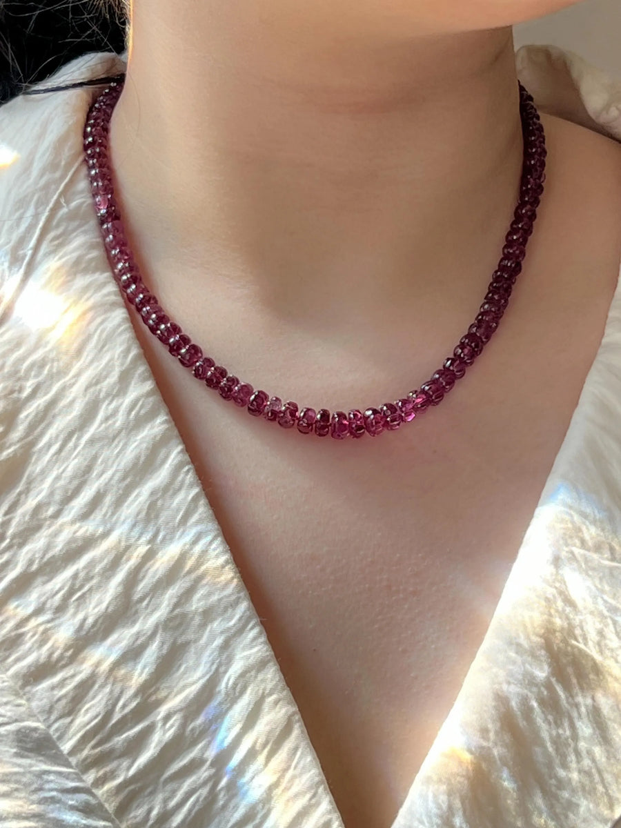 Carved Rhodolite Necklace: 14k Gold Filled Clasp, Hand Knotted Gemstone Necklace