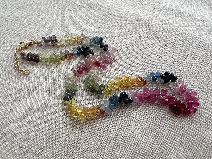 Multi-Color Sapphire Teardrop Necklace: Hand-Knotted Gemstone, Boho Style