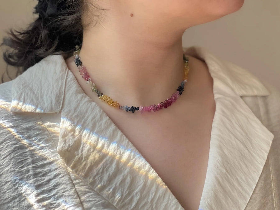 Multi-Color Sapphire Teardrop Necklace: Hand-Knotted Gemstone, Boho Style